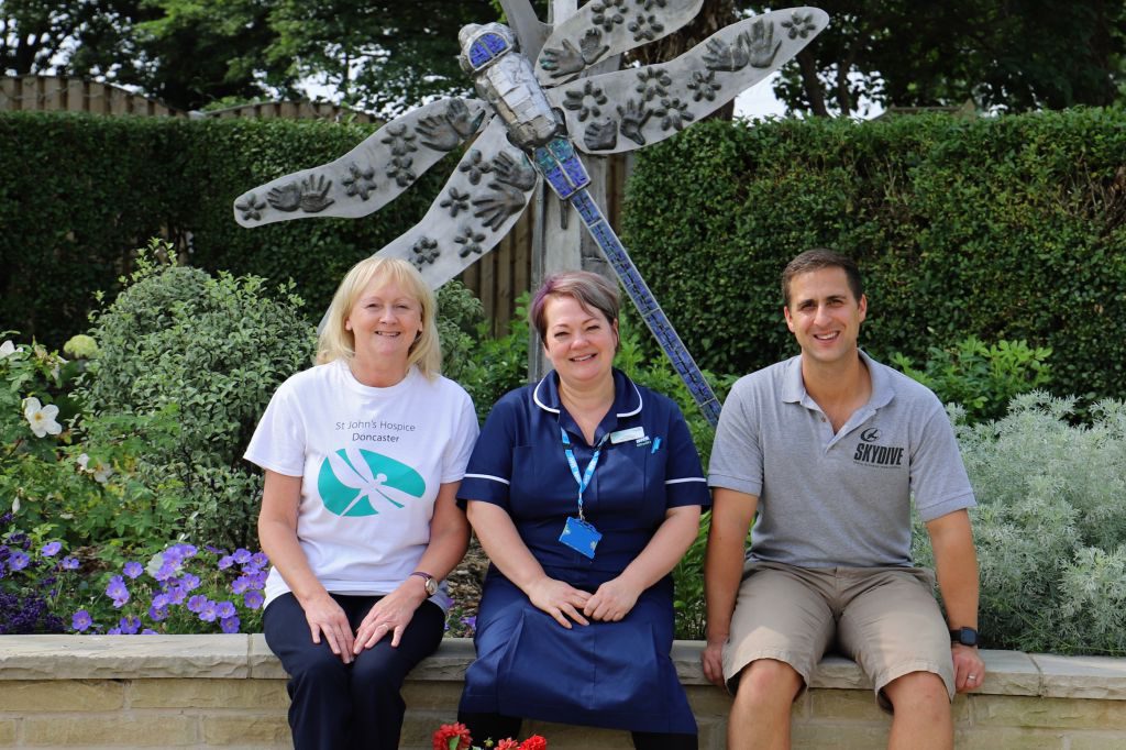 Lindsay Richards of the hospice is pictured with Jo Brooks and Adam Boulton from Skydive Hibaldstow 