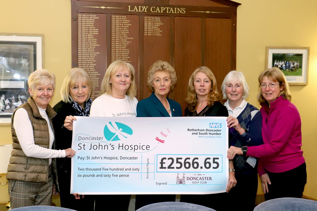 Pictured from Doncaster Golf Club (left to right) are: Geraldine Kaill; Judith Hudson; with Lindsey Richards, St John’s Hospice; Carole D O’Neill, Kay Vickers; Denise Andrew and Vanessa Woodward.