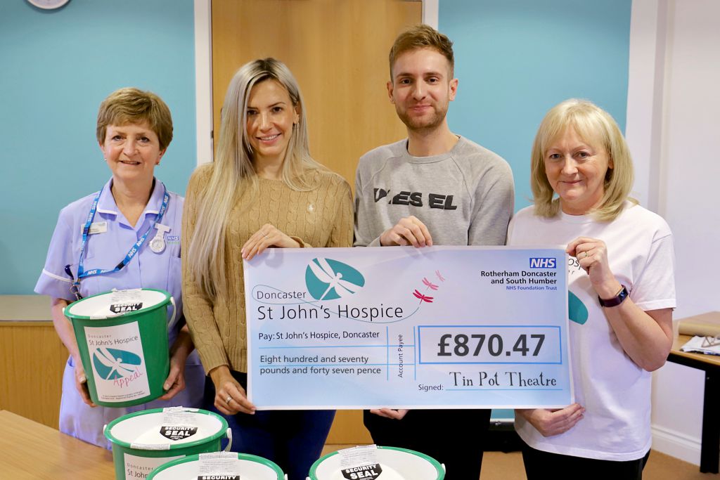 Left to right are: Janet Wilkinson, Nursing Assistant; Suzy Dix and Jacob Sykes from Tin Pot Theatre and Lindsey Richards, St John’s Hospice Fundraiser.
