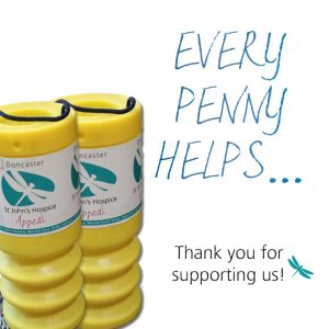 Graphic showing collection tins and text: every penny helps! thank you for supporting us