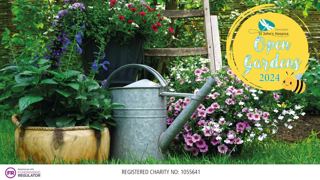 photo of a watering can and flowers with text Open Gardens 2024 with St John's Hospice Logo, Fundraising Regulator logo and charity number 1055641